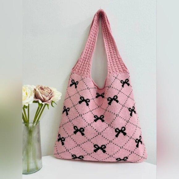 Boutique Handbags - NWT Boutique Barbie Coquette Lolita Cosplay Bow Ribbon Knit Tote Bag